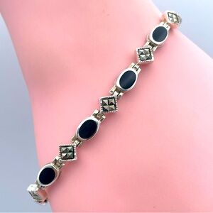 Elegant Sterling Silver Black Onyx & Marcasite Link Bracelet • 925 FAS